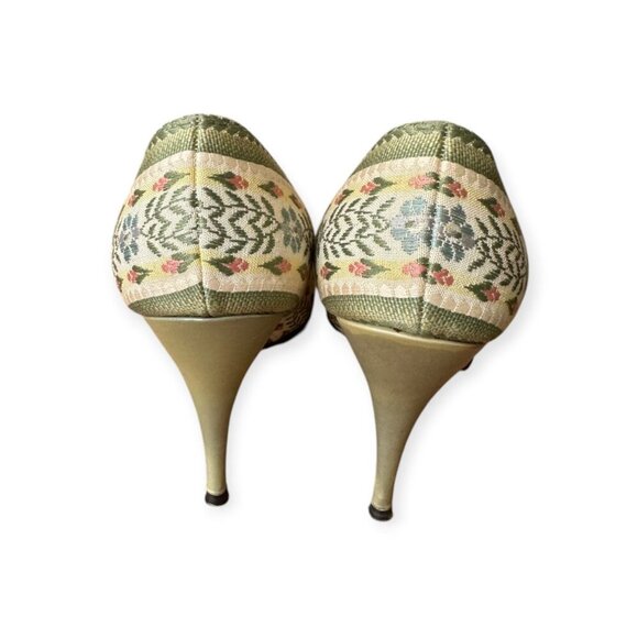 Vintage I. Miller Pumps 7.5B –Green Pearlized Leather & Floral Tapestry, 1950s - Picture 7 of 15